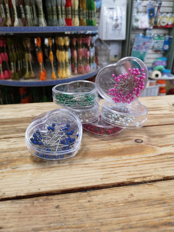 Pearlised Head Pins in a Clear Heart Container