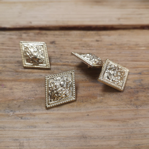 Gold Diamond Shaped Metal Shank Button with Thistle Embossed