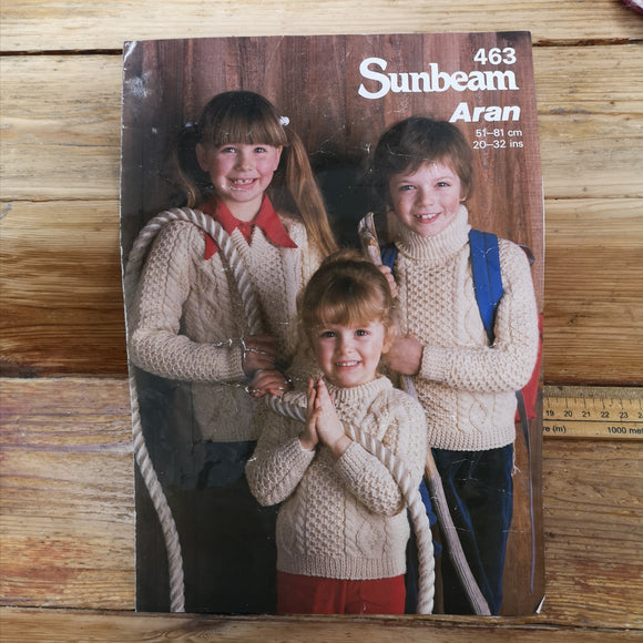 Sunbeam 463 Aran Child’s Sweaters with 'V', Crew or Polo Neck (51-81cm) 20-32 ins