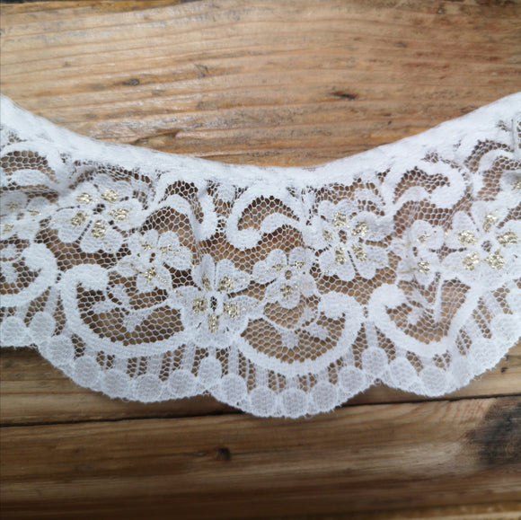 Gather Lace White and Metallic Gold Floral with Scalloped Edge. 60mm Wide.