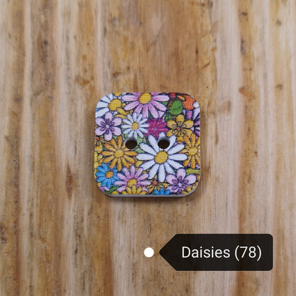 Wooden Square Printed Buttons - Floral