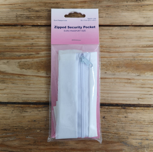 Iron-on zipped security pocket, white.